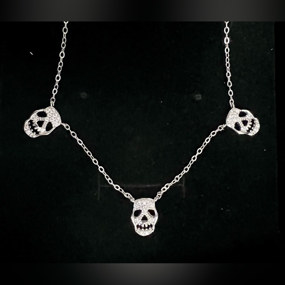 925 stamped silver triple skull necklace, adjustable 15-16 inch…